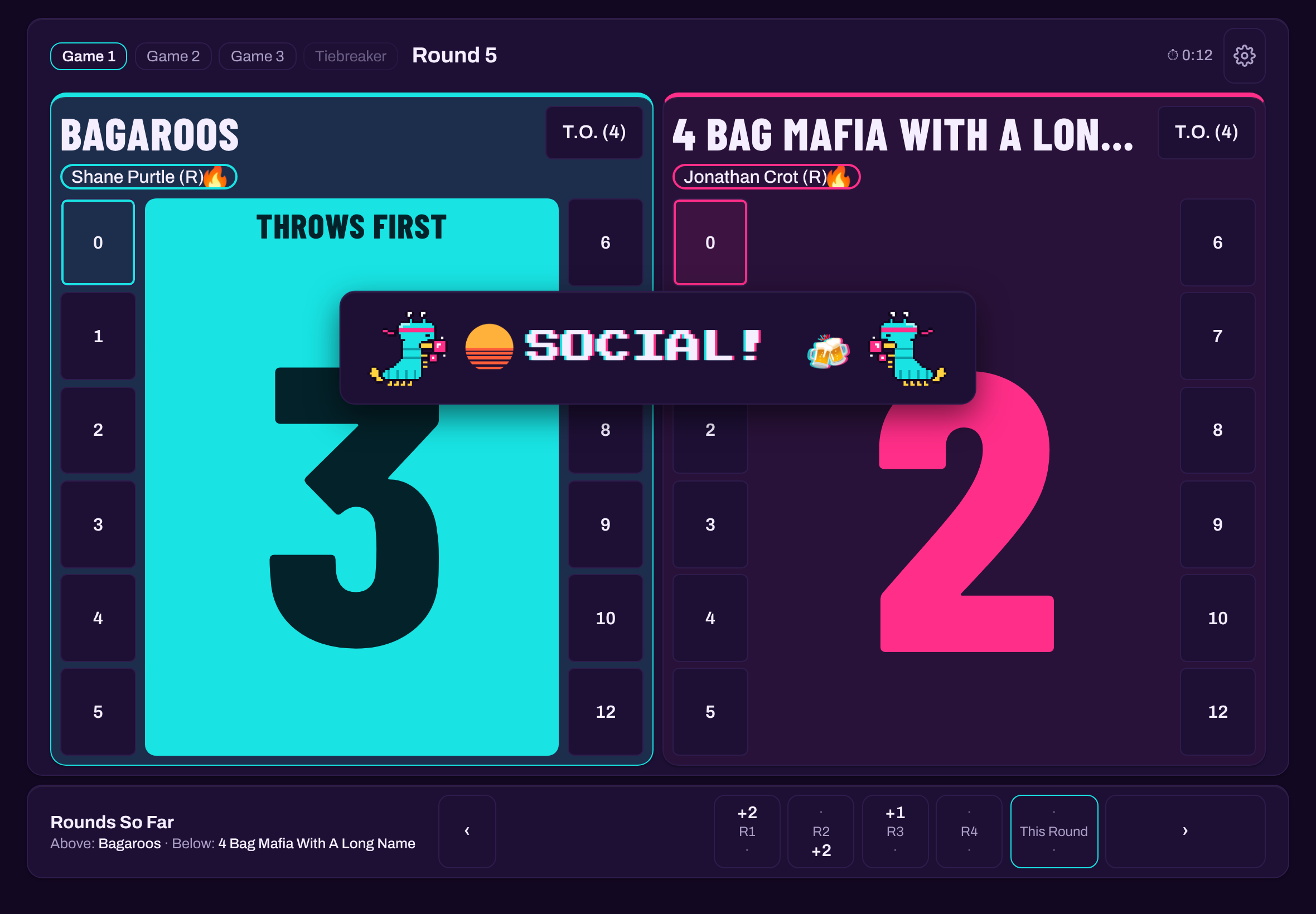 The Ultra scoreboard calling Social! as both sides throw a twelve